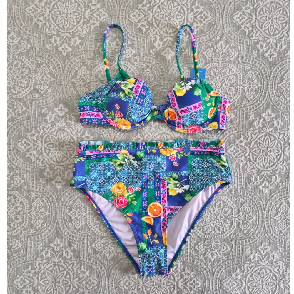 Cupshe Blue Green Floral High-Waist Bikini